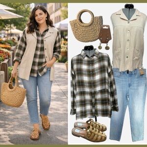 American Eagle Peplum Hem Flannel Shirt Button Up Relaxed Fit Plaid Top Sz: M